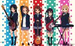  akiyama_mio bass_guitar black_hair blonde_hair brown_eyes brown_hair drumsticks electric_guitar fender fender_mustang grey_eyes guitar highres hirasawa_yui horiguchi_yukiko instrument jazz_bass k-on! keyboard_(instrument) kotobuki_tsumugi les_paul lineup multiple_girls nakano_azusa official_art pantyhose polka_dot polka_dot_background school_uniform smile standing tainaka_ritsu yellow_eyes 