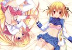  2girls blonde_hair blue_eyes bra breasts clover_point konohana_matsuri marguerite_sphere open_shirt panties panty_pull red_eyes seifuku shirt_lift takanashi_yaya thighhighs underwear yuyi 