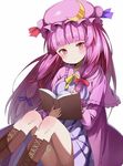  blush book boots capelet crescent dress gomibox hair_ribbon hat long_hair multicolored multicolored_clothes multicolored_dress patchouli_knowledge pink_dress pink_eyes pink_hair reading ribbon sitting solo striped striped_dress touhou upskirt 
