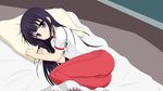  bed blue_eyes blush gym_uniform highres long_hair looking_at_viewer lying on_bed on_side pants pillow purple_hair smile solo sweatpants tom-ani working!! yamada_aoi 