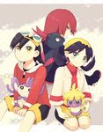  2boys aipom bad_id bad_pixiv_id bandana bike_shorts black_hair blonde_hair blue_eyes blue_hair coroof crystal_(pokemon) flipped_hair gen_2_pokemon goggles gold_(pokemon) grin hair_between_eyes hand_on_lap light_smile looking_at_viewer looking_back monkey multiple_boys on_lap pokemon pokemon_(creature) pokemon_on_lap pokemon_special purple_hair red_eyes red_hair silver_(pokemon) sitting sitting_on_lap sitting_on_person smile smoochum sneasel yellow_eyes zipper 