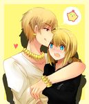 1girl :q ahoge artoria_pendragon_(all) bird blonde_hair blue_eyes bracelet casual chick earrings fate/zero fate_(series) formal gilgamesh hetero jewelry necklace red_eyes revanche saber short_hair suit thought_bubble tongue tongue_out 