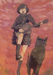  acoustic_guitar bad_id bad_pixiv_id blush cat guitar hair_over_one_eye headphones highres instrument loafers marching nimirom open_mouth original scarf shoes short_hair skirt sky solo walking 