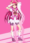  cure_dream earrings gyuniku hair_rings highres jewelry long_hair magical_girl one_eye_closed pink pink_background pink_eyes pink_hair pink_shorts precure shorts shorts_under_skirt smile solo v yes!_precure_5 yumehara_nozomi 