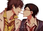  alternate_costume alvin_(tales) bad_id bad_pixiv_id bespectacled black_hair brown_hair character_name copyright_name food food_in_mouth glasses hair_ornament hairclip izumi_(nagashi) jude_mathis male_focus mouth_hold multiple_boys necktie pocky pocky_kiss shared_food sweat tales_of_(series) tales_of_xillia white_background 