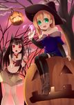  animal_ears bare_shoulders bell black_hair blonde_hair cat_ears cat_tail green_eyes halloween hat jack-o'-lantern multiple_girls original pumpkin red_eyes sakura_yuuya tail witch witch_hat 