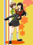  amagi_yukiko bad_id bad_pixiv_id blush brown_hair carrying hairband jacket long_hair mito_ayame multiple_girls pantyhose persona persona_4 princess_carry satonaka_chie school_uniform short_hair skirt track_jacket yuri 