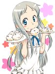  ano_hi_mita_hana_no_namae_wo_bokutachi_wa_mada_shiranai. blue_eyes cookie dress food honma_meiko kobaman long_hair mouth_hold plate silver_hair sleeveless sleeveless_dress solo 