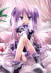  1girl absurdres apron bed bell between_fingers between_legs black_legwear blue_eyes blush feet food food_in_mouth glass hair_ribbon hand_between_legs highres hiiragi_kagami light_particles lolita_fashion long_hair looking_at_viewer lucky_star mouth_hold on_bed pocky purple_hair ribbon scan single_shoe sitting socks tinker_bell twintails very_long_hair 