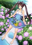  animal_ears bare_legs bare_shoulders barefoot blue_door blue_eyes blush cat_ears dress fake_animal_ears feet flower hairband halterneck long_hair original skirt_basket solo twintails very_long_hair 