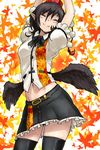  :3 arms_up black_hair black_wings closed_eyes cowboy_shot hat low_wings midriff navel oso_(toolate) pointy_ears shameimaru_aya short_hair skirt smile solo stretch thighhighs tokin_hat touhou wings 