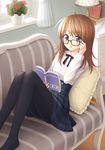  :o absurdres adjusting_eyewear ahoge blush book bookmark brown_eyes brown_hair chair curtains frilled_pillow frills glasses highres kuro_(chrono) lamp long_hair long_sleeves open_book open_mouth original pantyhose pillow plaid plaid_skirt plant reading reclining sitting_sideways skirt solo window 