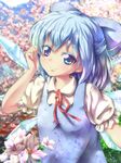  arm_up blue_dress blue_eyes blue_hair bow cirno dress face flower gpbeta hair_bow highres ice ice_wings looking_at_viewer ribbon short_hair solo touhou wings 