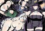  bandages blue_eyes blue_hair breasts breasts_apart cleavage crescent_moon full_moon green_eyes green_hair grey_hair grin halloween hat hips huge_breasts kagiyama_hina kaku_seiga moon multiple_girls ogata_hiro older outstretched_hand pale_skin patchouli_knowledge plump purple_eyes purple_hair smile thighhighs touhou wide_hips witch_hat yagokoro_eirin 