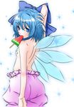  back bloomers blue_eyes blue_hair bow cirno flat_chest food from_behind gpbeta hair_bow hand_behind_head highres ice_cream looking_at_viewer looking_back short_hair simple_background solo topless touhou underwear underwear_only wings 