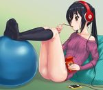  ball beats_by_dr._dre black_hair black_legwear bottomless breasts brown_eyes cellphone covered_nipples exercise_ball feet food headphones highres iphone k-on! legs long_hair nakano_azusa no_bra off_shoulder phone pillow pocky product_placement rasukaru ribbed_sweater small_breasts smartphone socks solo sweater 