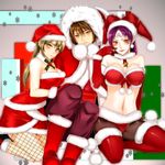  bandeau blonde_hair boots breasts brown_eyes brown_hair bustier christmas christmas_elf cleavage da_ji elf facial_mark fishnet_pantyhose fishnets forehead_mark fur_trim hat ishida_mitsunari_(sengoku_musou) kneeling large_breasts long_hair md5_mismatch midriff multiple_girls musou_orochi navel orange_eyes pants pantyhose pointy_ears ponytail purple_hair ribbon sakichi santa_costume santa_hat sengoku_musou shin_sangoku_musou sitting thigh_boots thighhighs wang_yuanji 