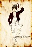  character_name faux_traditional_media hand_on_hip hat highres looking_at_viewer male_focus monkey_d_luffy monochrome one_piece sagatsune sandals scar sepia shorts smile smirk solo spot_color straw_hat 