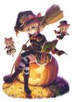  alice_margatroid alternate_costume bandages blonde_hair blue_eyes book boots bow bowtie broom cape cross-laced_footwear crossed_legs dress_shirt eyepatch fangs gloves grimoire grimoire_of_alice halloween hat hat_bow hexagram highres hourai_doll hyuuga_azuri jack-o'-lantern lace-up_boots matching_hourai matching_shanghai open_mouth pants pumpkin shanghai_doll shirt short_hair sitting solo star striped striped_legwear thighhighs touhou waistcoat witch witch_hat zettai_ryouiki 
