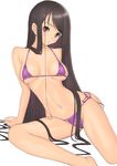  arm_support bikini blush breasts brown_eyes head_tilt long_hair medium_breasts muffin_(sirumeria) navel open_mouth original side-tie_bikini sitting skindentation solo string_bikini swimsuit very_long_hair 