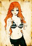  bikini_top breasts character_name cleavage faux_traditional_media highres large_breasts lips long_hair looking_at_viewer midriff nami_(one_piece) navel one_piece orange_hair sagatsune sepia smile solo 
