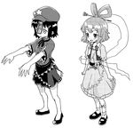  belt dress greyscale hair_ornament hair_stick hat jiangshi kaku_seiga kannazuki_hato mary_janes miyako_yoshika monochrome multiple_girls ofuda open_mouth outstretched_arms shawl shoes short_hair simple_background skirt star touhou translated vest zombie_pose 