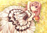  :o apple arm_behind_head arm_up bad_id bad_pixiv_id bare_shoulders corset dress flower food frills fruit garden_(game) hair_ribbon himemiya_ruri holding holding_food holding_fruit looking_at_viewer lying on_back open_mouth outstretched_arm pink_hair purple_eyes ribbon ryo sleeveless sleeveless_dress solo strap_slip wrist_cuffs 