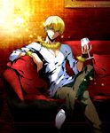  blonde_hair casual couch crossed_legs cup cupping_glass drinking_glass fabulous fate/zero fate_(series) gilgamesh jewelry male_focus red_eyes sitting smile solo starstar4 wine_glass 