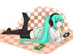  aqua_hair ass bad_deviantart_id bad_id black_legwear blue_eyes blush_stickers breasts cleavage food handheld_game_console hatsune_miku headphones kekekeke long_hair lying medium_breasts mouth_hold no_pants no_shoes on_stomach open_clothes open_shirt panties playing_games pretz shirt solo striped striped_panties thighhighs twintails underwear vocaloid 
