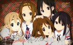  :o absurdres akiyama_mio cardigan dress_shirt eyebrows flag_print hair_ornament hairclip hand_on_head highres hikiyama_kayo hirasawa_yui k-on! k-on!_movie kotobuki_tsumugi multiple_girls nail_polish nakano_azusa necktie newtype official_art plaid plaid_background plaid_skirt print_neckwear shirt skirt sweater tainaka_ritsu twintails union_jack 