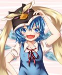  1girl arm_up blue_dress blue_eyes blue_hair bow cirno dress fang gpbeta hair_bow hand_on_hip highres ice ice_wings mask mawaru_penguindrum open_mouth ribbon short_hair simple_background solo touhou wings 