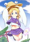  arms_up blonde_hair blue_eyes flower groin hair_ribbon hat jumping lotus midriff moriya_suwako muck_(artist) navel ribbon short_hair sidelocks skirt smile solo touhou tress_ribbon wide-eyed wide_sleeves 