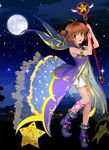  antenna_hair blush boots brown_hair cardcaptor_sakura dress full_body green_eyes hair_ribbon highres hoshi_no_tsue kinomoto_sakura magical_girl moon mutsuki_(moonknives) night night_sky open_mouth ribbon short_hair sky smile solo star twintails wand wings 