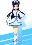  black_hair boots cure_white earrings futari_wa_precure futari_wa_precure_max_heart gyuniku half_updo heart highres jewelry knee_boots long_hair magical_girl ponytail precure purple_eyes smile solo white_footwear yukishiro_honoka 