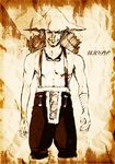  bandages character_name faux_traditional_media highres long_nose looking_at_viewer male_focus monochrome one_piece sagatsune sepia smile solo suspenders usopp 