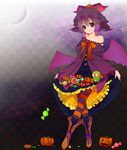  alternate_color animal_ears bare_shoulders boots candy checkered checkered_background cookie crescent_moon crossed_legs food halloween hat jack-o'-lantern konko moon mystia_lorelei pumpkin short_hair solo standing striped striped_legwear thighhighs touhou wings 