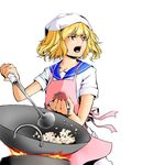  apron blonde_hair blue_sailor_collar cooking flipping_food food frying_pan head_scarf kitashirakawa_chiyuri misopanne sailor_collar short_hair shouting solo touhou touhou_(pc-98) twintails wok yellow_eyes 