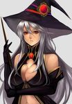  bad_id bad_pixiv_id breasts cleavage cleavage_cutout elbow_gloves gloves hat large_breasts long_hair navel original red_eyes sasaki_ryou silver_hair sleeveless solo wand witch_hat 