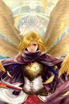  androgynous armor blonde_hair brown_eyes cape cloak dragon_nest feathers geraint long_hair magic_circle male_focus mokuha solo sword weapon wings 