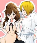  1girl apron bad_id bad_pixiv_id blonde_hair breasts brown_eyes brown_hair chef hair_over_one_eye long_hair open_mouth parfait ribbon satou_jun small_breasts spoon taneshima_popura tooru_(jux) waitress working!! 