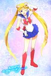  ao_(sodalite) back_bow bishoujo_senshi_sailor_moon blonde_hair blue_eyes blue_sailor_collar blue_skirt boots bow double_bun elbow_gloves gloves knee_boots long_hair magical_girl one_eye_closed red_bow sailor_collar sailor_moon sailor_senshi_uniform skirt solo tiara tsukino_usagi twintails v white_gloves 