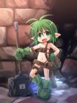  fang flat_chest green_eyes green_hair hand_on_hip highres kso open_mouth original short_hair smile solo weapon 