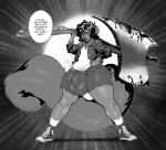  anthro axe big_bulge blood boosterpang bulge clothed clothing dialogue english_text girly greyscale looking_at_viewer male mammal melee_weapon monochrome smile solo standing text thick_thighs weapon wide_hips 