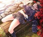  autumn bag bench black_legwear blurry book brown_eyes brown_hair depth_of_field glasses grass hair_ornament hand_on_own_stomach kneehighs leaf long_hair lying on_back open_book original rezi school_uniform skirt solo stone sweater twintails v-neck water 