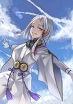  asymmetrical_hair bad_id bad_pixiv_id blue_eyes cloud condensation_trail day dio_eraclea eyeshadow gloves goggles goggles_around_neck grin hair_ornament last_exile makeup momori outstretched_arms short_hair sky smile solo spread_arms tassel white_hair wide_sleeves 