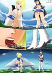  2girls black__hair black_hair blonde_hair blue_eyes city giantess highres multiple_girls open_mouth sky tongue vore xnr yellow_eyes 