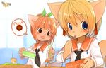  2girls blonde_hair blue_eyes blush food furry fuyuno_mikan hungry meatball multiple_girls open_mouth 