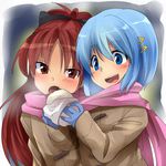  alternate_costume blue_eyes blue_hair bow fang gloves hair_bow hair_ornament hairclip long_hair mahou_shoujo_madoka_magica marimo_danshaku miki_sayaka multiple_girls open_mouth red_eyes red_hair sakura_kyouko scarf short_hair 