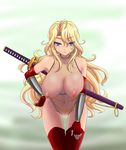  artist_request blonde_hair blue_eyes breasts censored enoko_(zqfebi) fingerless_gloves fishnet_bodysuit fishnets ga_no_kitsune gloves highres huge_breasts leotard long_hair naked_thighhighs ninja nipples nude smile solo sword thigh_gap thighhighs thighs wavy_hair weapon 