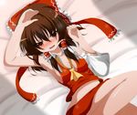  armpits ascot bare_legs bed blush bow breasts brown_eyes brown_hair cleavage detached_sleeves dr._cryptoso hair_bow hair_tubes hakurei_reimu highres lying navel no_bra on_back sideboob small_breasts solo tears touhou 